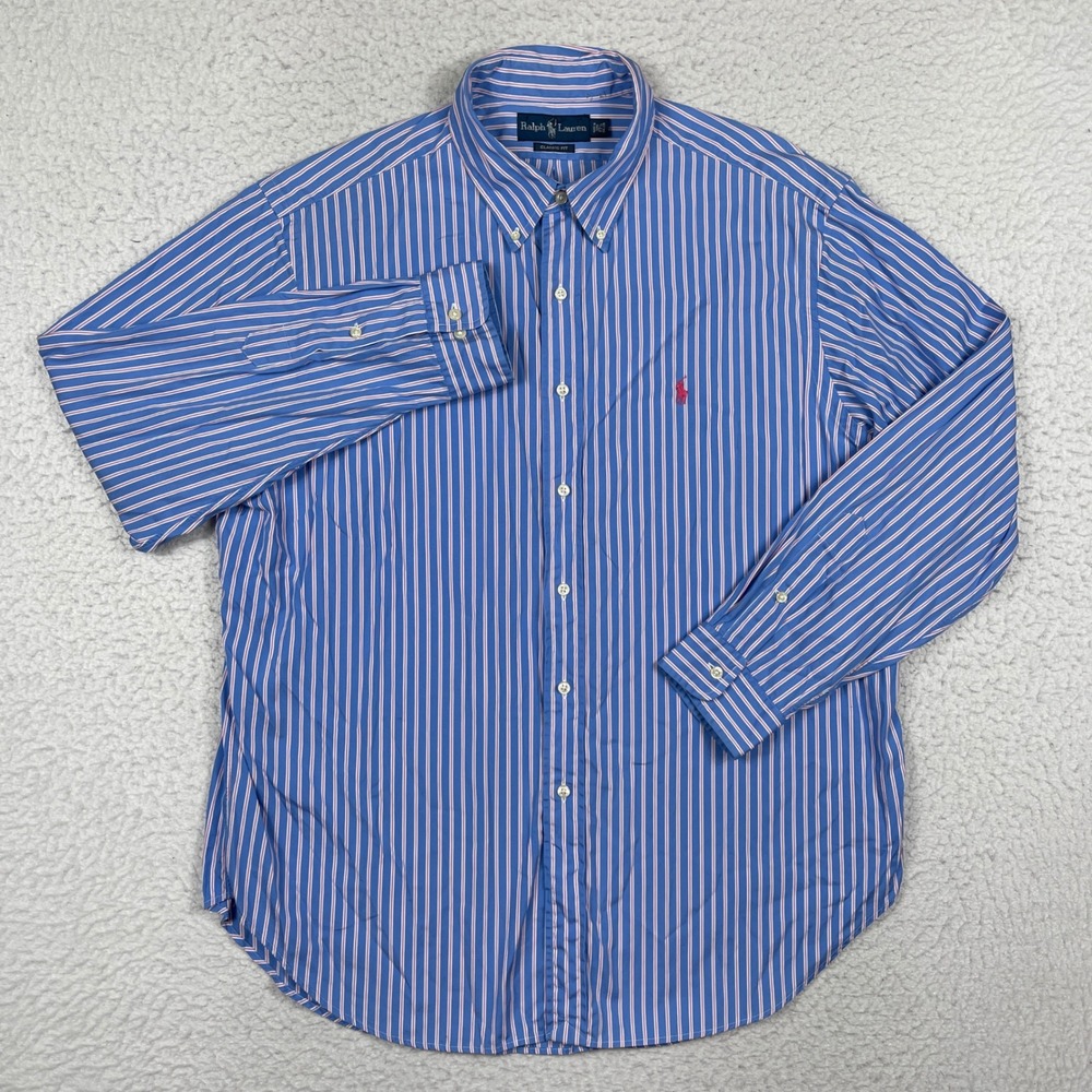 Ralph Lauren Shirt Mens 17.5 Blue Striped Classic Fit Pony Logo Preppy Office